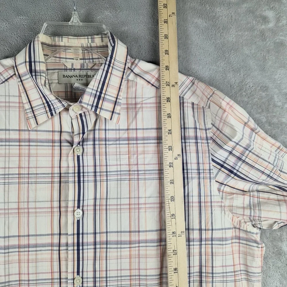 Banana Republic Mens Medium Shirt Plaid Button Up Pink Blue White Long Sleeve
